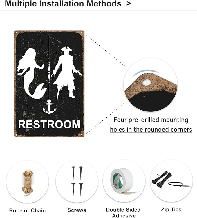 ALKB Nautical Themed Vintage Restroom Door Sign Fun Mermaid and Pirate Sign Suitable for Ocean, Beach, Ship Themed Wall Decor 8x12 Inch-Ruum Studio Home