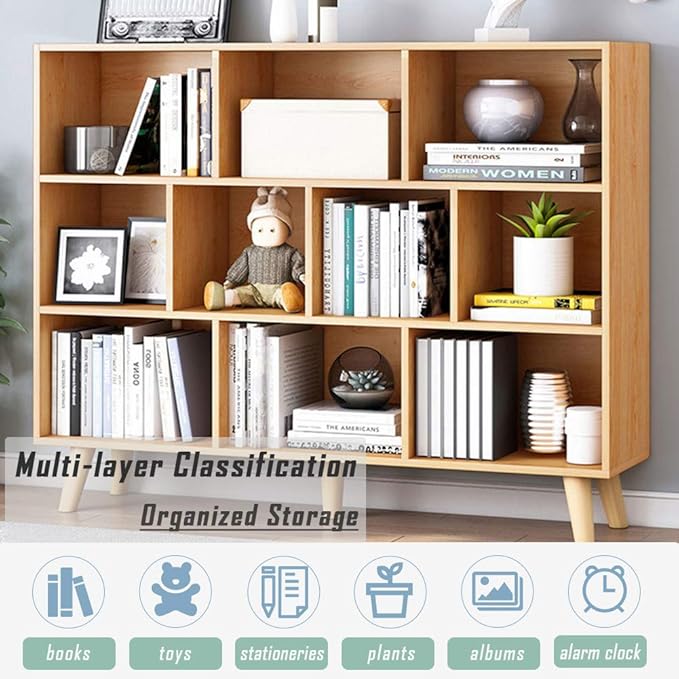 IOTXY Wooden Open Shelf Bookcase - 3-Tier Floor Standing Display Cabinet Rack with Legs, 10 Cubes Bookshelf, Pear Yellow-Ruum Studio Home