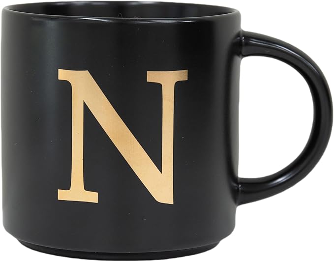 COLLECTIVE HOME - Monogram Ceramic Mugs, 15 oz Golden Initial Black Coffee Cups, Elegant Alphabet Tea Mugs, Elegant Personalized Mug with Gift Box, Unique Mug with Double Side Capital Lette (N)-Ruum Studio Home