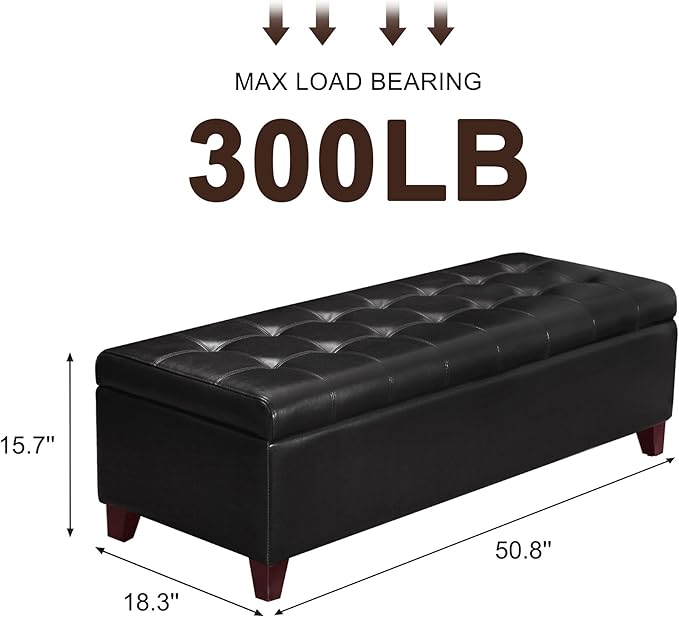 Joveco Storage Ottoman Bench, 51 Inch Leather Tufted Upholstered Bench for End Foot of Bed, Bedroom, Living Room, Black-Ruum Studio Home