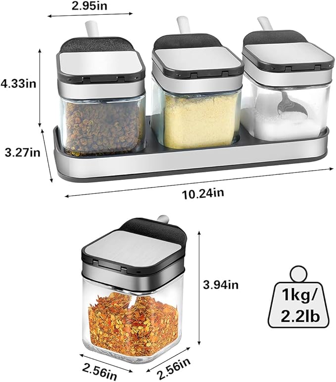 XIUDI Condiment Seal Jar Spice Container with Lids and Spoons，Clear Glass Condiment Canisters Pots Seasoning Box Salt Container Sugar Bowl Set of .Used in Kitchen, Coffee Table,Set of 3-Ruum Studio Home