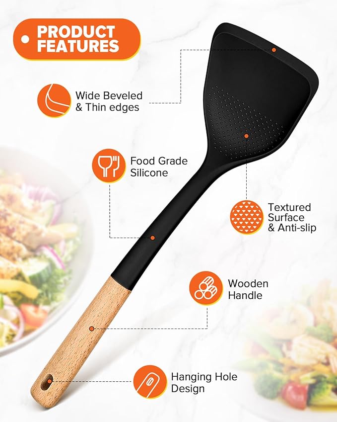 Silicone Cooking Utensils Set, Perfectly Angled for Frying, Mixing,Serving,Draining,Turning and Stirring, BPA-Free Matte Silicone, Wood Handles, Safe for Nonstick Cooking Surfaces,4 Pack (Black)-Ruum Studio Home