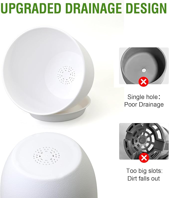 12/10/9 inch Large Plant Pots, 3 Pack Modern Decorative Plastic Planters with Drainage Holes and Saucers, Flower Pots for Indoor Outdoor Plants, White-Ruum Studio Home