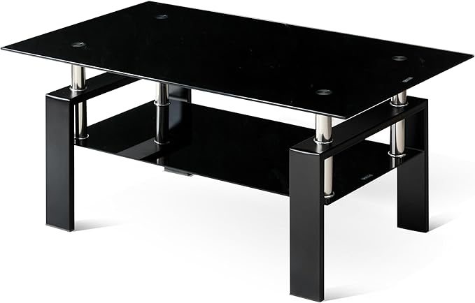 Black Glass Coffee Table for Living Room, Mordern Rectangle Tempered Glass Sofa Center Tables with Black Metal Leg for Home Office-Ruum Studio Home