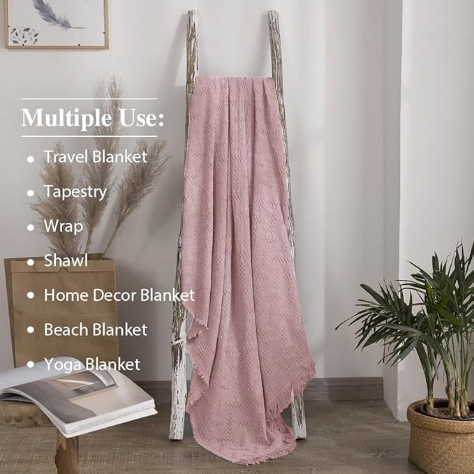 Simple&Opulence 100% Cotton Throw Blanket for Bed, Couch, Boho Luxury Geometric Knit Woven Blanket with Tassels Soft Lightweight Cozy Breathable, Vintage Farmhouse Decoration for All-Season(Pink)-Ruum Studio Home