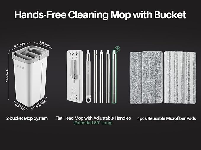 JOYMOOP Mop and Bucket with Wringer Set, Hands Free Flat Floor Mop and Bucket, 60" Mop with 4 Reusable Microfiber Pads, Wet and Dry Use, Floor Cleaning System-Ruum Studio Home