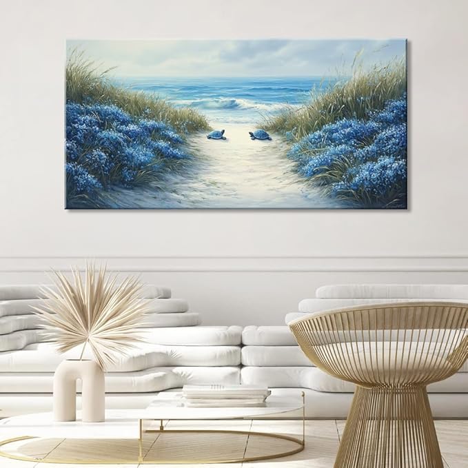 LASMOND Romantic Beach Wall Art for Living Room Blue Sea Turtle Lovers Canvas Painting Prints Ocean Sandy Romance Flowers Large Bedroom Office Decor Artwork (58x28 Inches)-Ruum Studio Home