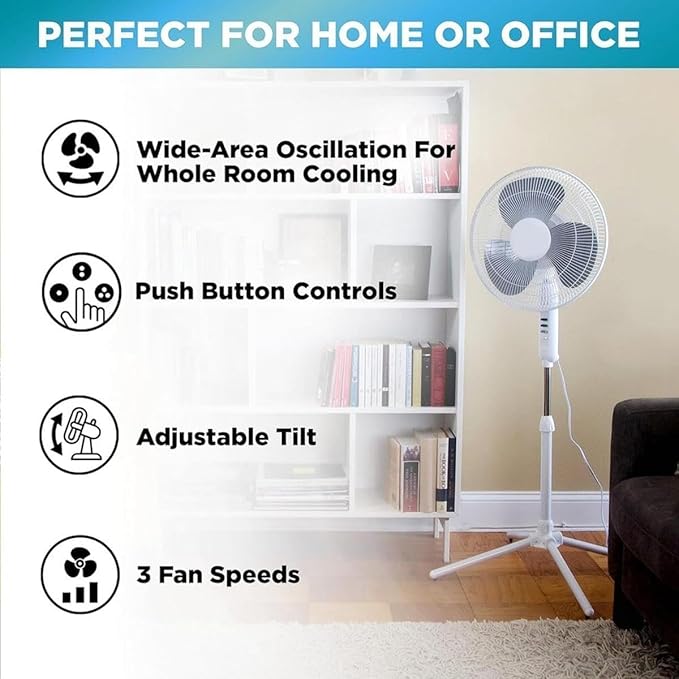 EZ-CHILL 16” Oscillating Pedestal Fan, 3-speed Options, 90-Degree Oscillating Head, Adjustable Height and Tilt, Powerful Air Flow, Black, MTFS-16B-BLK-Ruum Studio Home