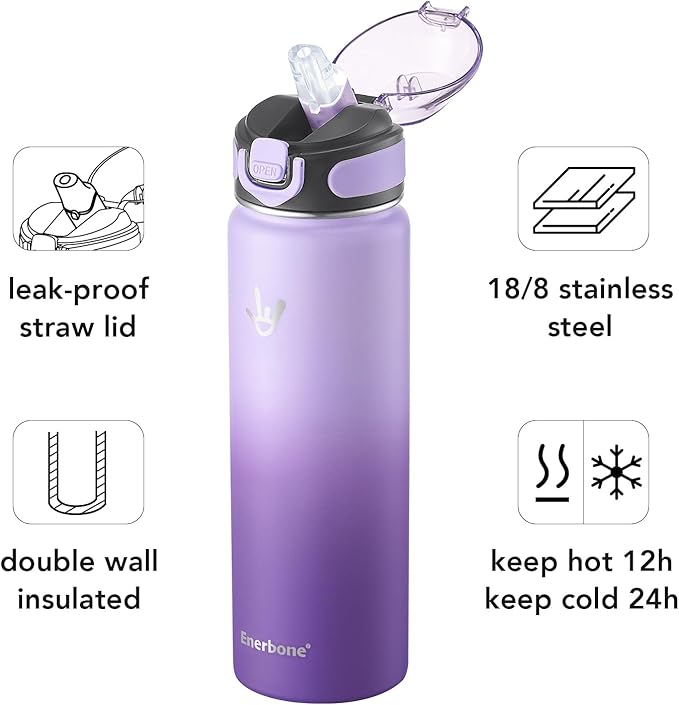 Enerbone 24 oz Insulated Water Bottle, Stainless Steel Bottle with Carrying Strap, Double-Wall Vacuum Insulation Design, Leakproof Sports Bottle with Straw, Keep Drinks Cold or Hot for Hours-Ruum Studio Home