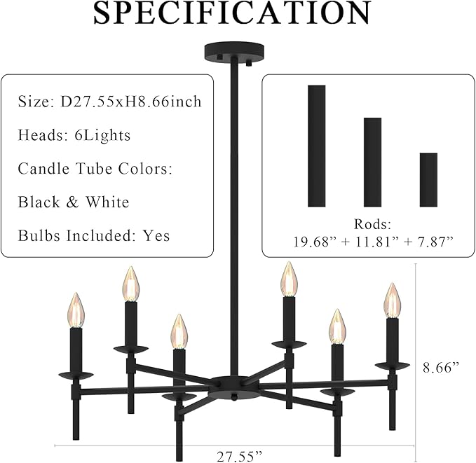 Black LED Chandeliers, Round Candle Hanging Lamp Ceiling, Modern Bedroom Chandelier Light Fixture for Kitchen Island Dining Room Living Room Farmhouse (Black-B 6Lights)-Ruum Studio Home