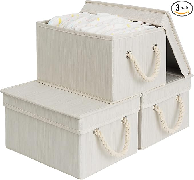 StorageWorks Storage Bins with Lids, Decorative Storage Boxes with Lid and Soft Rope Handles, Foldable Storage Baskets for Closet, Shelves, Stackable, Ivory and White, Medium, 3-Pack-Ruum Studio Home