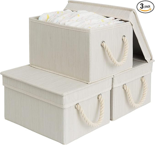 StorageWorks Storage Bins with Lids, Decorative Storage Boxes with Lid and Soft Rope Handles, Foldable Storage Baskets for Closet, Shelves, Stackable, Ivory and White, Medium, 3-Pack-Ruum Studio Home