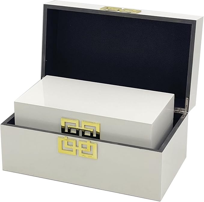 Galt International Large & Small Decorative Storage Box w/Hinged Lid - Classic Design Wood Decor Boxes with Geometric Opening Clasp - Home & Office Storage - Set of 2 (White + Gold)-Ruum Studio Home