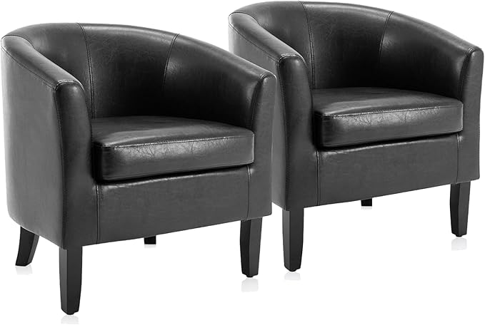 BELLEZE Accent Barrel Chair, Set of 2 Faux Leather Round Club Tub Sofa Corner Chair with Flared Legs and Cozy Soft Padding for Living Room Bedroom Waiting Room - Black-Ruum Studio Home