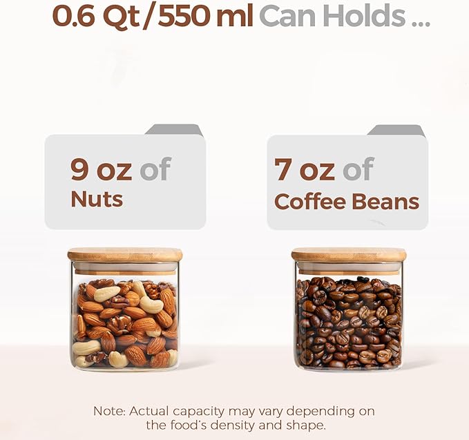 ComSaf 0.6 Qt Glass Food Storage Jars Set of 6, Clear Storage Containers with Airtight Lids, Pantry Organization Jar, Spice Jar, Blooming Tea, Coffee and Sugar Container, Canister Set for Kitchen-Ruum Studio Home