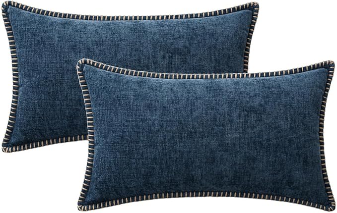 MIULEE Pack of 2 Couch Throw Pillow Covers 12x20 Inch Navy Blue Farmhouse Decorative Pillow Covers with Stitched Edge Soft Chenille Solid Dyed Spring Pillow Covers for Sofa Bed Living Room-Ruum Studio Home