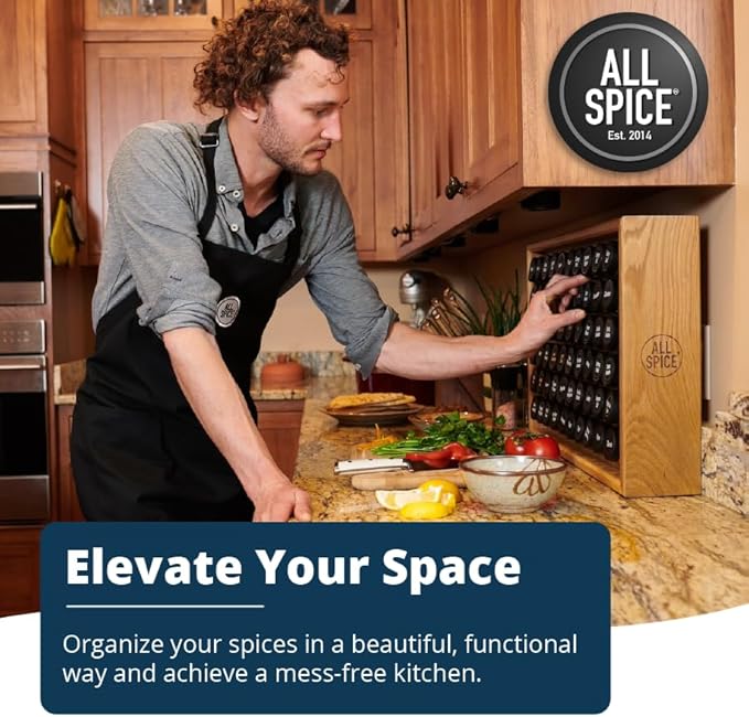 AllSpice Spice Rack Organizer, Wood, 525 Unique Labels, Countertop or Wall Mount, Includes 60 4oz Jars- Bamboo-Ruum Studio Home