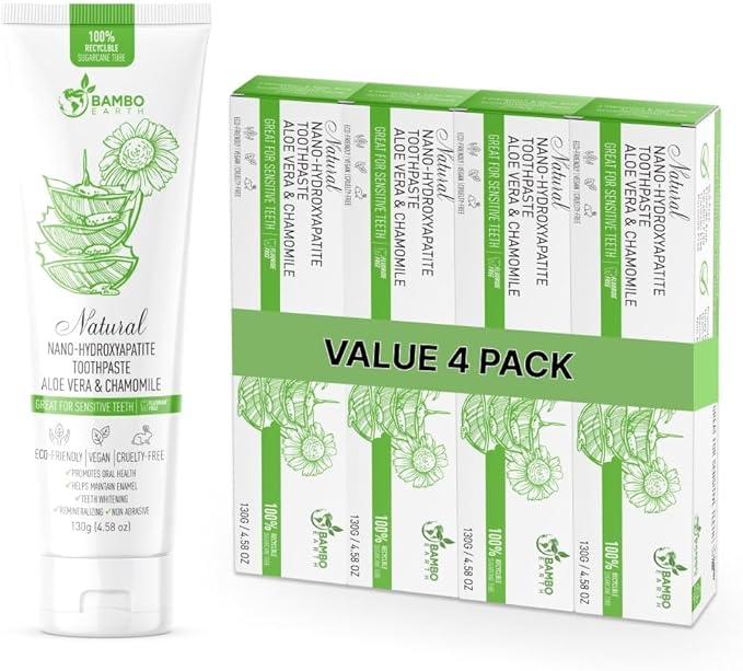 Natural Fluoride Free Toothpaste - Nano Hydroxyapatite, Remineralizing, Sensitive Teeth, Whitening & Zero Waste Tube - Dentist Recommended for Adult & Kids Oral Aloe Vera & Chamomile (4 Pack, Aloe)-Ruum Studio Home
