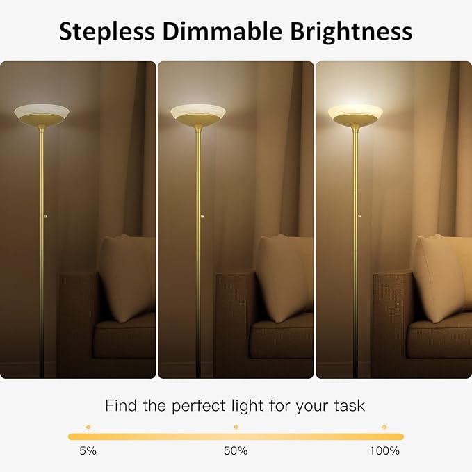 BoostArea Torchiere Floor Lamp, 24W Super Bright LED Standing Lamp, 3000K Stepless Dimmable Pole Lamp with Rotary Switch, 70 Inch Tall Metal Modern Floor Lamps for Living Room/Bedroom/Office/Den, Gold-Ruum Studio Home
