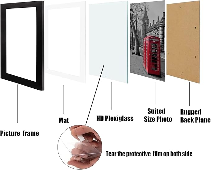 12x12 Picture Frame Set of 6, Display Pictures 8x8 with Mat or 12x12 Without Mat for Wall Mounting,Black-Ruum Studio Home