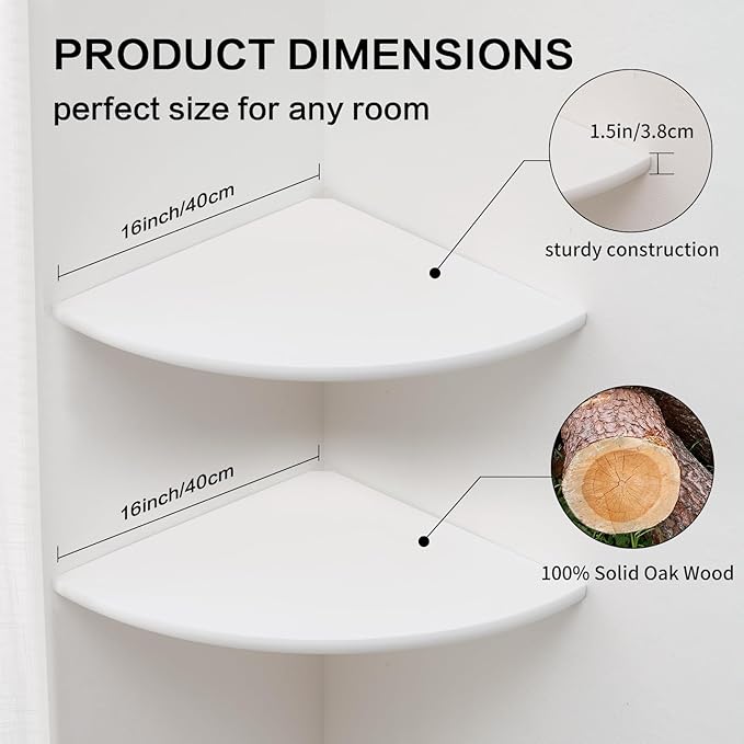 Corner Wall Shelves, White Floating Corner Shelf, Set of 2 16inch Solid Oak Wood Shelves, Round End Wall Mount Display Shelf with Wire Hole for Small Plant for Bedroom Kitchen, Living Room-Ruum Studio Home