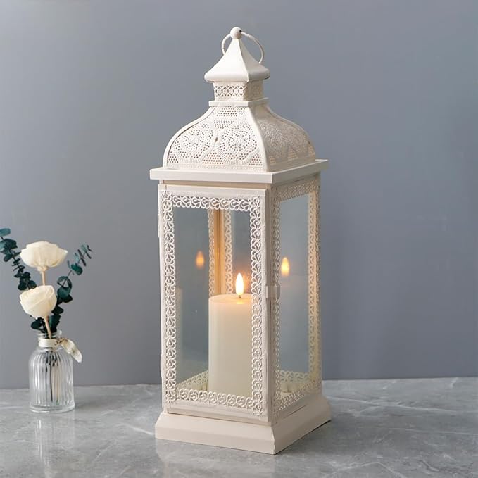 TRIROCKS Rustic Style Metal Candle Lantern 19'' High Decorative Hanging Lantern Candle Holder with Tempered Glass for Christmas Living Room Garden Yard Patio Parties Events Indoors Outdoors(Cream)-Ruum Studio Home
