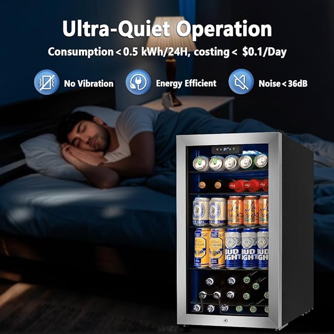Tylza 130 Can Beverage Refrigerator Cooler, 3.22 Cu.Ft Beverage Cooler with Low-E Glass Door, Safety Lock, Beverage Fridge for Soda, Beer, Wine, Mini Fridge for Home, Office, Bar, Bedroom, Silver-Ruum Studio Home