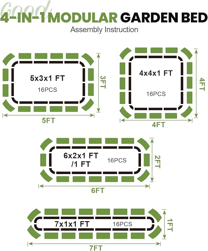 G GOOD GAIN 4-in-1 Adjustable Raised Garden Bed Kit | Galvanized Planter Boxes for Vegetables, Flowers | 12" Tall, Multiple Sizes (5x3x1ft, 4x4x1ft, 6x2x1ft, 7x1x1ft) | Outdoor Metal Raised Bed, Green-Ruum Studio Home