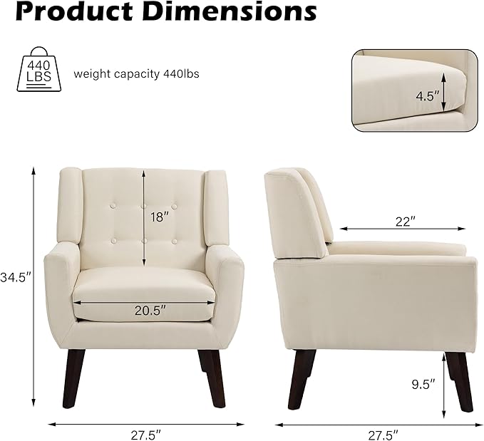 UIXE Accent Chair, Modern Upholstered Armchair in Fabric for Living Room, Comfy Club Arm Chairs Single Sofa Button Tufted Bedroom Reading Seat - White, Set of 1-Ruum Studio Home
