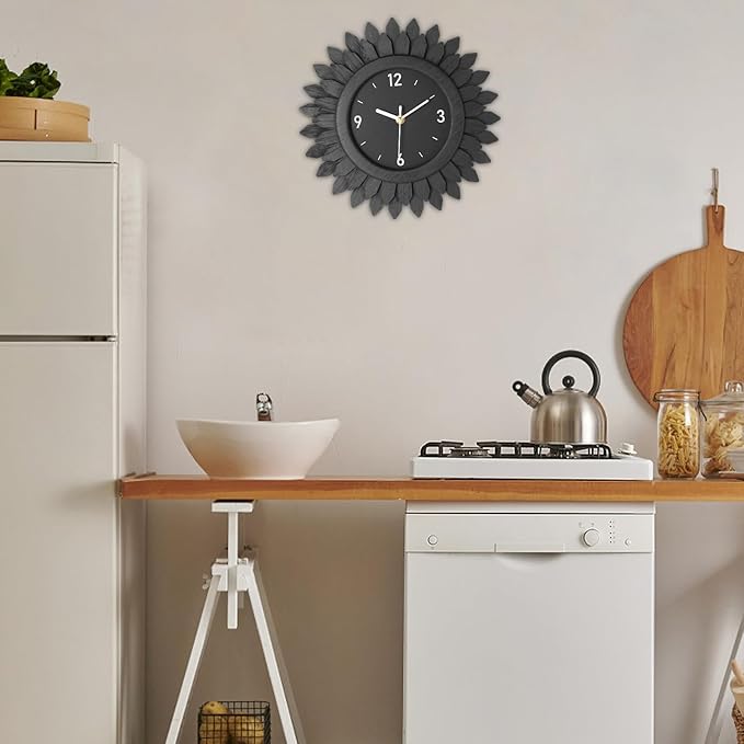 Honiway Wall Clock Battery Operated 12 Inch Rustic Wooden Boho Sunburst Decorative Wall Clock Silent Non-Ticking Black Wall Decor Clocks for Living Room Kitchen Bathroom Bedroom (Black)-Ruum Studio Home