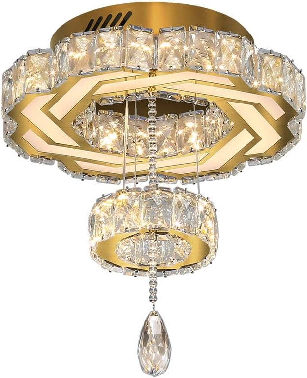 Flashing God Small Crystal Chandeliers Dia 12" Gold Chandelier Flush Mount Ceiling Light for Bedroom Living Room Dining Room Hallway Dimmable 3 Rings LED Celing Lighting Fixtures-Ruum Studio Home
