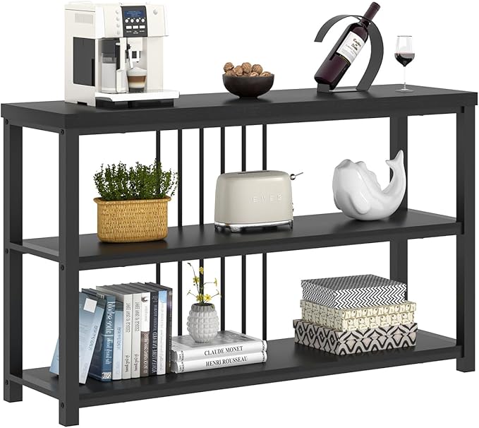 FOLUBAN Entryway Table, Modern Sofa Console Table with 3 Tier Storage Shelf for Living Room Hallway Foyer, Industrial Black Oak-Ruum Studio Home