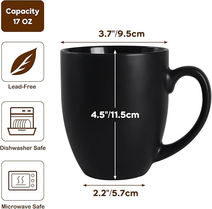 16 OZ Black Stoneware Mugs Set of 6, Large Ceramic Coffee Cups with Handle, Porcelain Mugs for Latte, Milk, Tea and Juice-Ruum Studio Home