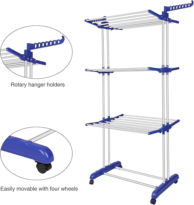 Bigzzia Clothes Drying Rack, Folding Stainless Steel Drying Rack Clothing Indoor Outdoor, Space-Saving, 4 Tier Laundry Drying Rack with Two Side Wings Grey Blue-Ruum Studio Home