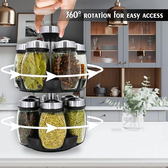 Revolving Spice Rack Organizer Countertop, Spinning Spice Storage Rack Tower Organizer with 12 Empty Jars, Rotating Spice Holder Shelf Seasoning Rack Shelf, Spice Seasoning Bottle Organizer-Ruum Studio Home
