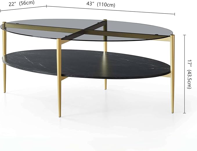 Oval Glass Coffee Table, Mid-Century Modern Design, L43 x W22 x H17 inch, Surfboard Shaped Grey Glass Top and Black Marble Finish Wood Shelf, Tapered Legs with Gold Finish Frame-Ruum Studio Home