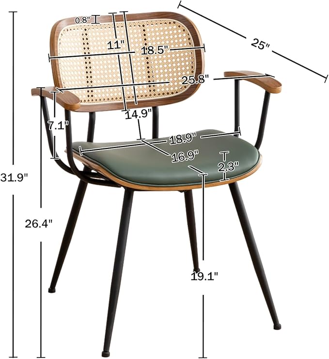 Rattan Dining Room Chairs Set of 2,Mid Century Modern Kitchen Side Chairs,Metal Legs Desk Chair,Faux Leather Accent Chair with Arms and Rattan Backrest Green PU-Ruum Studio Home