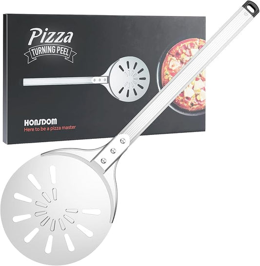 Pizza Turning Peel, 8-inch Pizza Peel Turner Spinner, Long Handle Perforated Aluminum Pizza Peel with Silicone Hook, Pizza Oven Accessories-Ruum Studio Home