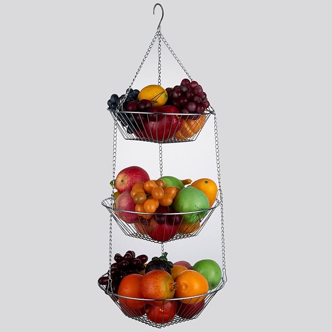 3-Tier Wire Fruit Hanging Basket 2 Packs, non-Punching Wall Hanging Storage, Kitchen Bathroom Organization Basket, Suitable for Bathroom, Kitchen, Closet, Garden, Chrome-Ruum Studio Home