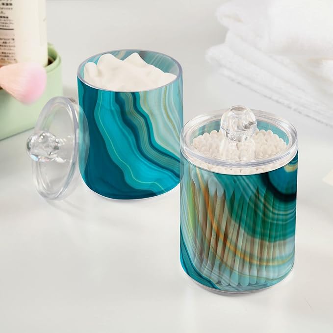2 Pack Qtip Holder Dispenser Teal Turquoise Blue Marble Bathroom Storage Canister Lid Acrylic Plastic Apothecary Jar Set Vanity Makeup Organizer for Cotton Swab/Ball/Round Pads, Floss-Ruum Studio Home
