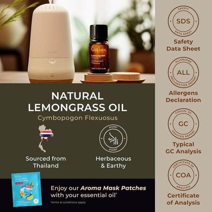Gya Labs Lemongrass Essential Oil for Diffuser - 0.34 Fl Oz - 100% Pure Natural - Lemongrass Oil for Hair, Skin, Herbaceous, Candle Making Scent-Ruum Studio Home