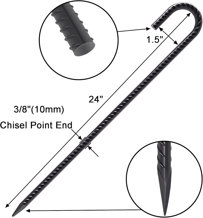 VVOKGO Rebar Stakes 24 Inch J Hook Heavy Duty Ground Anchors (8pcs), 3/8 Inch Diameter Metal Steel Extra Long Fence Stakes with Chisel Point End for Greenhouse, Gazebo, Carport, Camping Tents, Black-Ruum Studio Home