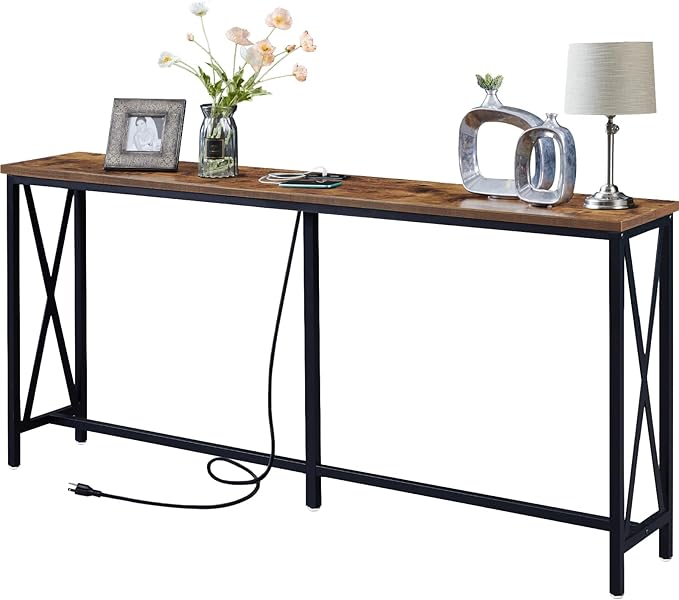 SUPERJARE 70 Inch Console Table with Outlets and USB-C Port, Extra Long Behind Couch Sofa Table with X-Shaped Design, Narrow for Entryway, Living Room, Metal Frame, Wooden Top, Rustic Brown-Ruum Studio Home