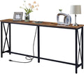 SUPERJARE 70 Inch Console Table with Outlets and USB-C Port, Extra Long Behind Couch Sofa Table with X-Shaped Design, Narrow for Entryway, Living Room, Metal Frame, Wooden Top, Rustic Brown-Ruum Studio Home