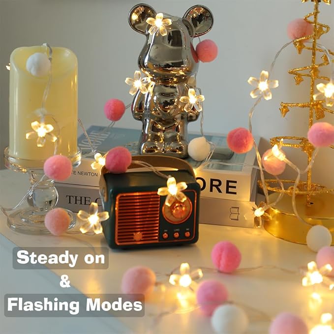 9.85Ft Fairy Lights 20 Cute Pink Pompoms 20 LEDs Cherry Blossom String Garland Battey Operated with Timer Flower Lights for Bedroom Kids Room Party Birthday Wedding Valentines Decoration-Ruum Studio Home