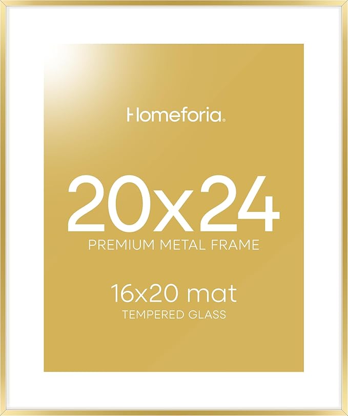 Homeforia 20x24 Picture Frame Gold, High End Metal 24x20 Frames for Wall, 20x24 Gold Frame Matted to 16x20 Print, 20 x 24 Poster Large Frame with Mat 16 by 20 Photo, Tempered Glass, Wall Kit, Set of 1-Ruum Studio Home