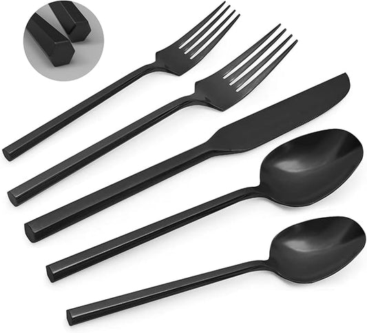 Black 20 Piece Stainless Steel Silverware Set, Handle Flatware, Modern Mirror Finish Cutlery Set, Service for 4, Dishwasher Safe-Ruum Studio Home