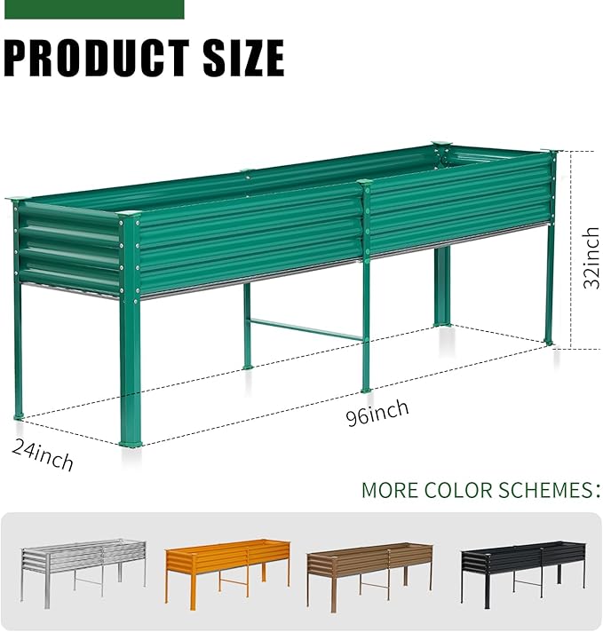 Land Guard Galvanized Raised Garden Bed with Legs, 96×24×32in Raised Garden Beds Outdoor with Drainage Holes, Planter Boxes Outdoor for Backyard, Patio, Balcony, 800lb Capacity, Green-Ruum Studio Home