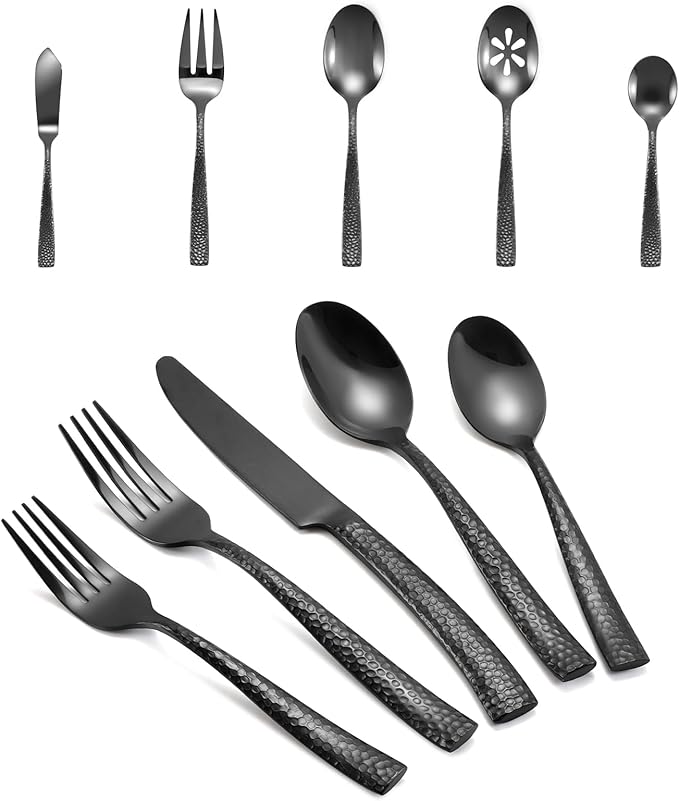 Silverware 65-Piece Black Hammered Flatware Set with Serving Utensils Stainless Steel Thick Handle Mirror Polished Cutlery Set for Wedding Hotel Restaurant, Service for 12-Ruum Studio Home