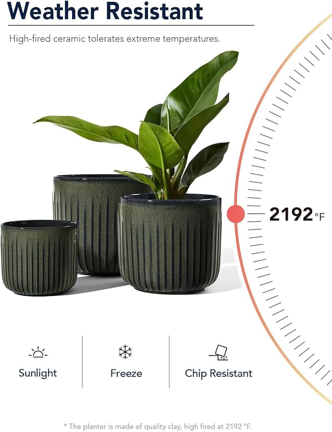 LE TAUCI Fluted Ceramic Planters Set of 3 – 8.3/7 / 5.7 in Dark Olive Reactive Cylinder Indoor Plant Pots with Drainage Plug & Mesh, Glossy Stoneware Flower Pots for Succulents Herbs-Ruum Studio Home